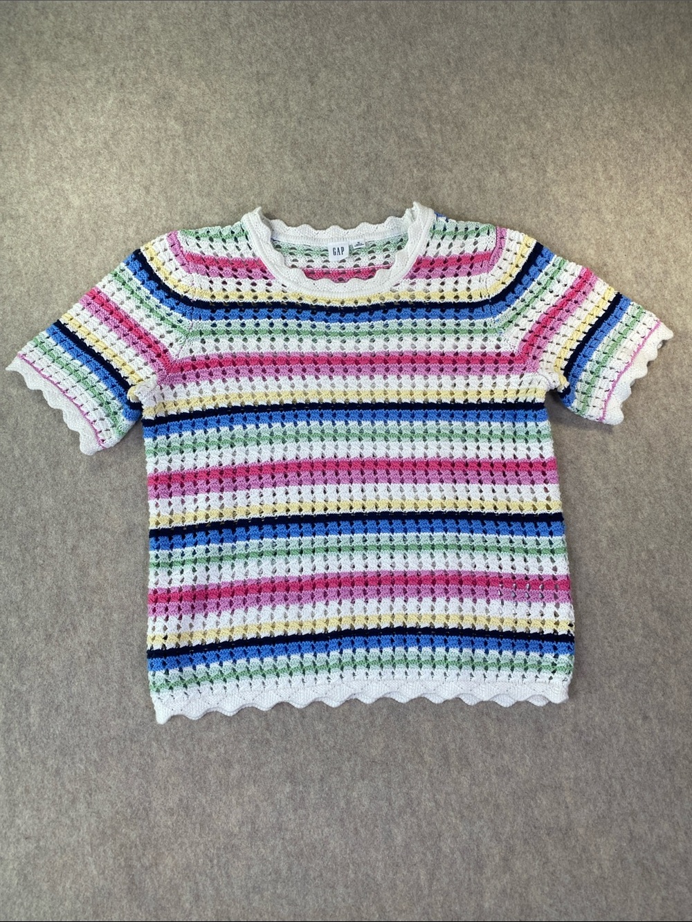 GAP White Crochet Short Sleeve Top with Pink, Blue & Green Stripes